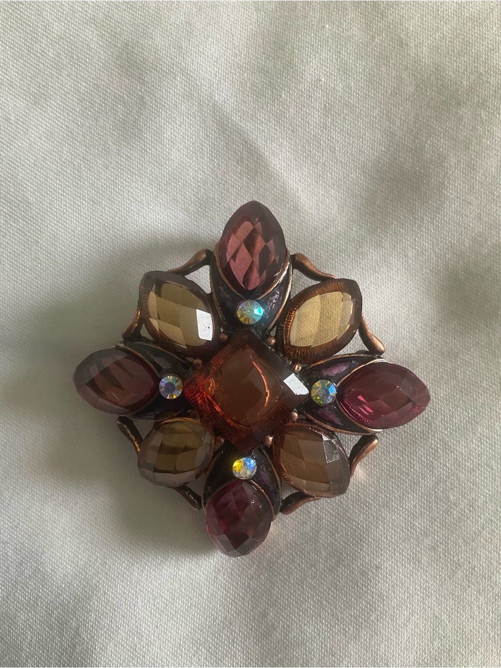 Faceted Amber & Plum Rhinestone Flower Brooch